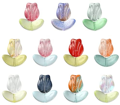 Stiesy 100Pcs Mixed Color Tulip Flower Beads Leaf Handcrafted Lampwork Glass Beads Transparent Spacer Beads for DIY Jewelry Making Crafting Bracelets