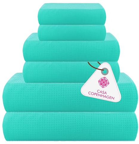 Casa Copenhagen Waffel-Frottee-Handtuch,6-teiliges Set, Baumwolle,extra groß, luxuriös, Wasserblau, 2 Badelaken XL, 89 x 178 cm, 2 große Handtücher, 51 x 79 cm, 2 große Waschlappen, 41 x 41 cm