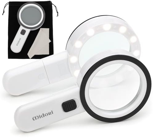 Midori® Lupe mit Licht & 30-facher Vergrößerung | Leselupe mit 12 LED-Lichtern für Senioren, Kinder, Juwelier | Handlupe mit kratzfestem Doppelglas