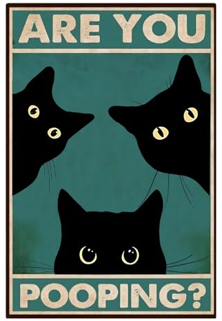Ruzister Lustige Blechschilder „Black Cat Are You Pooping“, Aluminium-Wanddekoration, Vintage Lustige Katzenmuster Poster, Katze Bild Poster für Badezimmer