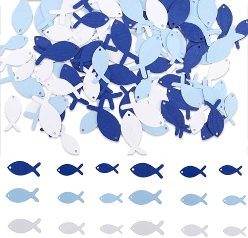KOBOKO 108 Stück Tischdeko Taufe, Holz Fische Deko, Fische Streudeko, Tischdeko Taufe Junge Mädchen, Konfirmation Deko für Taufe Kommunion Konfirmation - Blau, Dunkelblau, Weiß