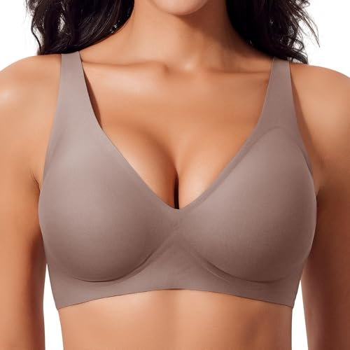 Damen BH Tiefem V-Ausschnitt Nahtloser BH Ohne Bügel Push Up BHs Bralette Soft Bequem BHs Bügellos Bustier (Hellbraun, L)