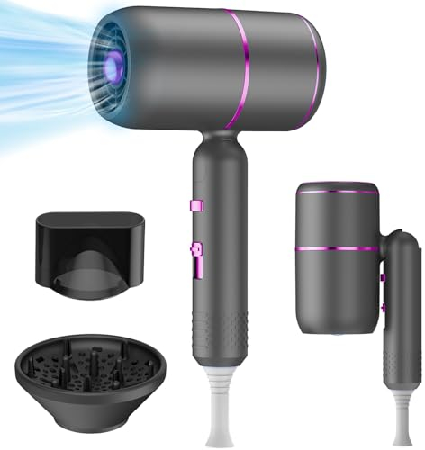 Oskuglin Asciugacapelli Professionale agli ioni, Asciugacapelli da Viaggio Pieghevole, Asciugacapelli da Salone da 2000 W con Bocchetta per Lo Styling, 3 Temperature/2 Velocità (grigio viola)