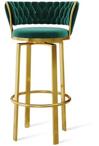Moderner Barhocker aus Samt in Thekenhöhe, gepolsterter Hocker aus Samt, Frühstücksstuhl mit Rückenlehne und goldener Fußstütze für die Hausbar, Esszimmer und Kneipe, Grün, goldene Beine, 1 Stück Run
