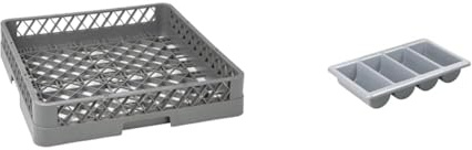 Vogue Open Cup Dishwasher Rack, Grey, Dimensions: 100(H) x500(W) x500(D) mm, Any Commercial Washer & Olympia 6690 Kristallon Cutlery Tray 4 Compartment - GN 1/1, Grey