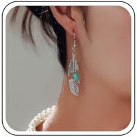 TseenYi Boho Türkis Federn Ohrringe Silber Feder Baumeln Ohrringe Vintage Türkis Blatt Tropfen Ohrringe Lange Feder Baumeln Haken Ohrringe Zigeuner Tribal Blätter Türkis Ohrringe