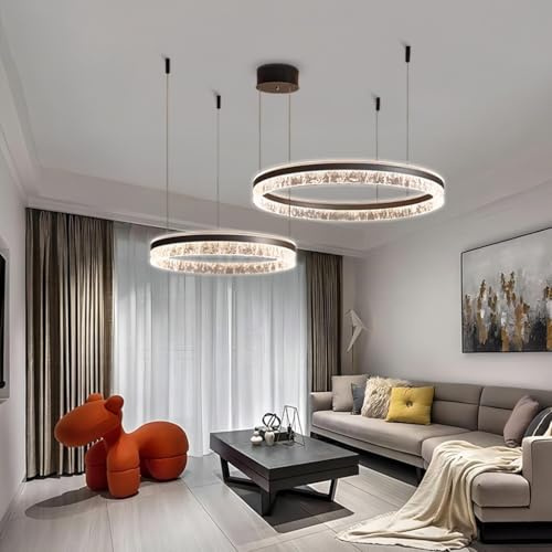 VTAMng Moderner dimmbarer LED Kronleuchter aus Aluminium mit Fernbedienung brauner Ring schicke Hängelampe große Deckenleuchte fürs Wohnzimmer verstellbare runde Pendelleuchte aus Acryl fürs Restauran