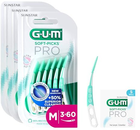 GUM SOFT-PICKS PRO Scovolini interdentali | design curvo per un facile accesso alle aree difficilmente raggiungibili | azione delicata per gengive sensibili ([M - 3x60] +1 bonus sample)