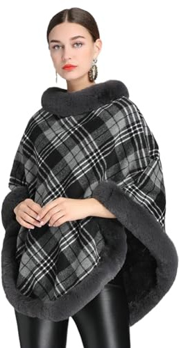 EMGILL Poncho pour femme - Pull à carreaux - Cape épaisse en fausse fourrure - Châle tricoté - Manches chauve-souris - Pull d'hiver en laine