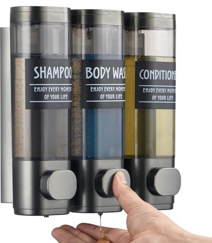 Shampoo and Conditioner Dispenser,GlintGath Shower Dispenser 3 Chamber No Drill Shampoo Dispenser for Shower Wall Mounted Shower Soap Dispenser for Bathroom Hotel,3 * 300ML,Gun Gray