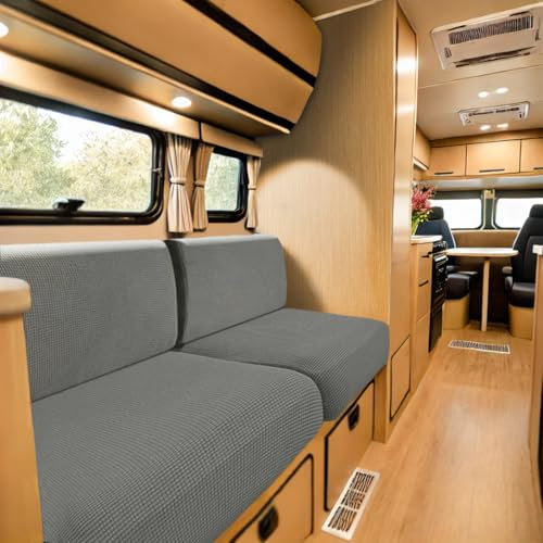 SYLC Bezüge Für Wohnwagenpolster Jacquard, rutschfeste Wohnmobil Sitzbezüge Mit 2 Cord, Sofa Sitzkissenbezug Für Schonbezug Wohnwagen Polster (Light Grey,W 55-85 cm, D 25-45 cm)