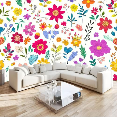 Vlies Fototapete Bunte Blumen Blätter Ranken Vliestapete Wohnzimmer Schlafzimmer 300x210 cm Vlies Tapete Art Wandtapete UV-Beständig Wanddekoration Tapete