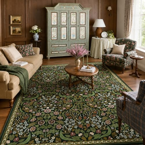 Moynesa Floral Waschbarer Teppich für Wohnzimmer, grün, weich, 20,3 x 25,4 cm, Boho-Schlafzimmerteppich, rutschfest, botanisch, ultradünn, Bodenteppich für Esszimmer, Kinderzimmer, Grün