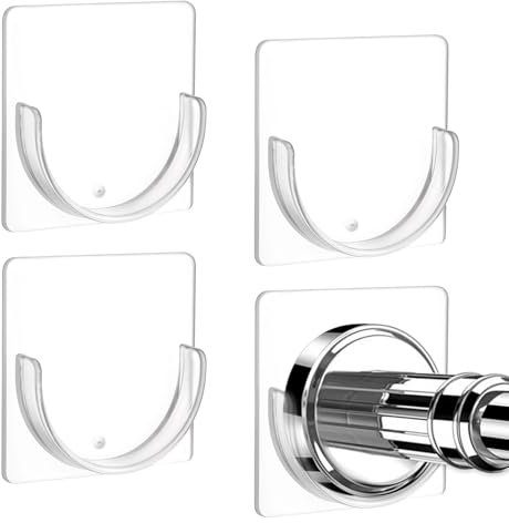 Paquete de 4 soportes adhesivos para barra de cortina sin taladrar, soporte transparente para barra de ducha, soporte de pared invisible para barras de tensión, soportes de barra de cortina de ducha