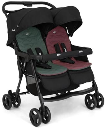 Joie - Aire Twin Poussette double légère, Dès la naissance à 15 kg, sièges indépendants orientés vers l'avant, harnais 5 points, inclinaison allongée, auvent UPF 50+, suspension (Shale)