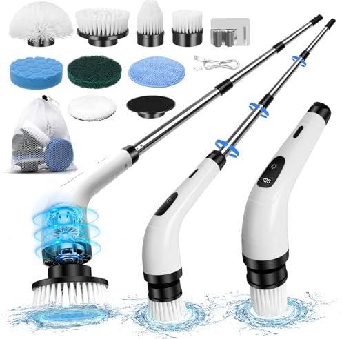 Elektrische Reinigungsbürste,Electric Spin Scrubber Mit 8 Austauschbaren Bohrbürstenköpfen,Reinigungsbürste Elektrisch Bad,Kabelloser Schrubber mit Verstellbarem Griff,für Bad, Fliesenboden und Auto