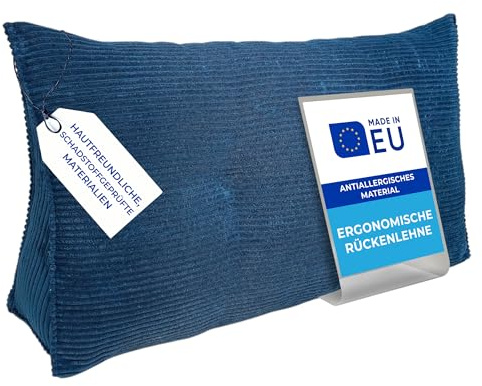 Pillows24 Cord Rückenkissen für Bett & Sofa 140cm, abnehmbarem Bezug | Bequemes Keilkissen und Lesekissen fürs Bett, waschbarem Bezug, Großes Sofakissen für Rückenlehne und Sofa, Blau