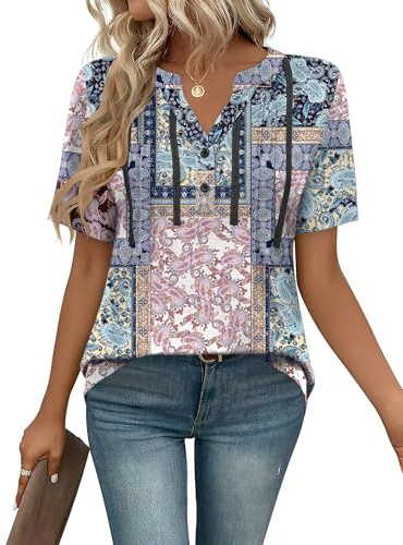 IECCP Camicetta da donna a maniche corte, tunica con scollo a V, plissettata, top estivo a fiori, t-shirt casual, Boho, XL