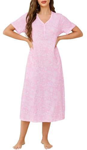 Lovasy Cotton Nightdresses for Women UK Long Nightshirts Button V Neck Soft Nighties Loose Fit Night Dress Casual Nightwear with Pockets