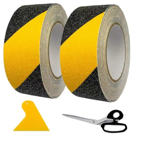 2 Rollen Antirutsch Streifen, 50mmx10m Rutschhemmendes Klebeband mit Schaber und Schere, Anti-Rutsch Grip Tape für rutschfeste Treppenstufen im Innen- und Außenbereich, Schwarz-gelb