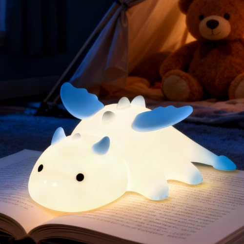 YGVQN Drachen Nachtlicht Kinder, Dimmbare LED Nachttischlampe mit 7 Farben & Timer, Aus Weichem Silikon mit Magnetfunktion, Wiederaufladbar per USB (1200mAh), Geschenk für Mädchen & Jungen (blau)