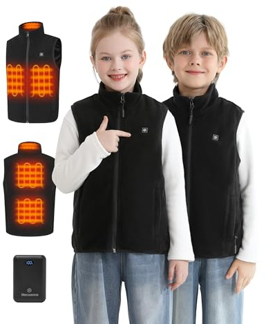 Hecusma Gilet riscaldato unisex in pile per bambini con power bank 12000 mAh 7,4 V, gilet riscaldato per bambini con 5 zone di riscaldamento