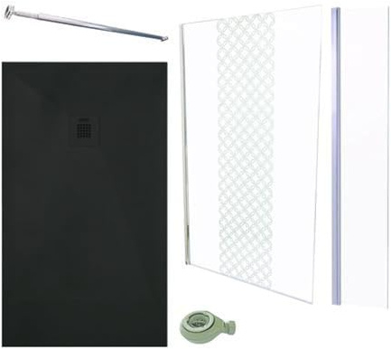 ONDÉE - Kit Douche 160x80 cm Receveur Resine H.3 cm Nola3 Noir PN24 + Bonde Extraplate Ø90 cm + Paroi Italienne Taila 120x200 cm + Barre De Fixation Murale Chrome + Deflecteur Chrome 40x200 cm