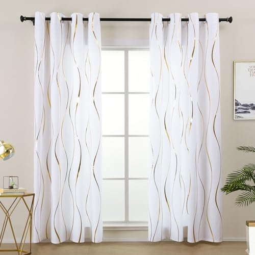 L.Z.E Gardinen Sichtschutz Gold, Ösenvorhang Gardine Schal Lichtdurchlässig, Weiß Gold Vorhänge für Wohnzimmer Schlafzimmer Fenster 2er Set Gardine mit Ösen 245 cm Lang (LZE2251E-WG245)