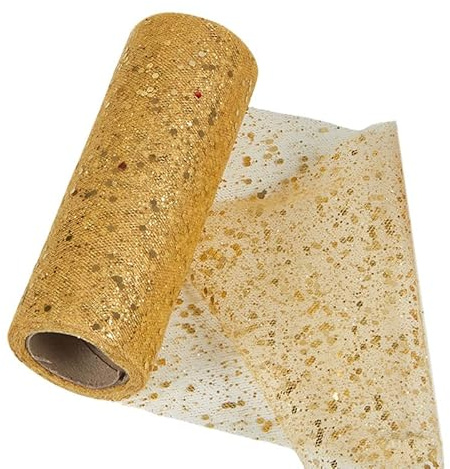 10Yards Glitter Gold Tulle Fabric Roll 15CM,Sparkle Sequin Tulle Roll Spool,Sequin Netting Fabric for Party Devoration,Gift Wrapping,Bows Making