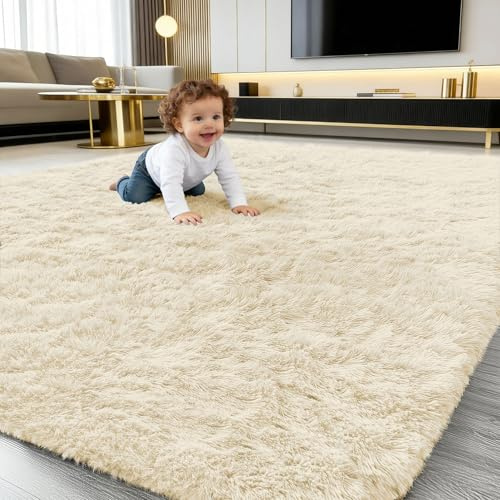 smiry Flauschig Hochflor Groß Teppich Wohnzimmer - 160x220 cm, Beige | Rutschfest Waschbarer Moderner Teppiche Kuscheliger Wohnzimmerteppich fürs Kinderzimmer Schlafzimmer