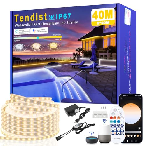LED Streifen Aussenbereich,Warmweiss bis Kaltweiß Dimmbar, Outdoor Led Strip Alexa Kompatibel WiFi App & Fernbedienung, 24V LED Streifen IP67 Wasserdicht band Selbstklebend für Küche, Terrassen (40m)