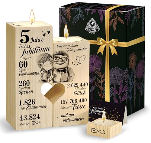 CROWNLY® 5. Hochzeitstag Geschenke für Paare – Holzhochzeit Geschenk Holz Teelichthalter 3er Set mit Geschenkbox, Jahrestag Geschenk für Ihn und Sie, 5 Jahre Jubiläum Kerzenhalter Deko