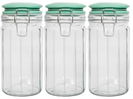 YöL Set of 3 Fluted Glass Storage Jar with Green Ceramic Lid 1050ml Airtight Clip Lock Food Container for Sweets Biscuits Coffee Sugar Pasta and Dried Foods Kitchen Organisation Canister