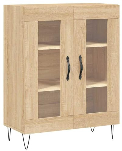 Mhdvray Sideboard Sonoma-Eiche 69,5 x 34 x 90 cm mit Glasfront und Metallfüßen Modernes Highboard für Wohnzimmer Flur Esszimmer