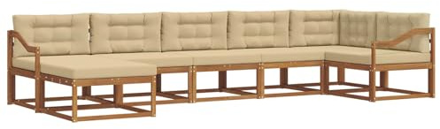 vidaXL Outdoor-Sofagarnitur mit Kissen 7 pcs Natur und Beige, Modernes Akazienholz Outdoor-Sofaset, langlebige Gartenmöbel, Flexible Anordnung für die Terrasse, Bequeme Lounge im Hinterhof