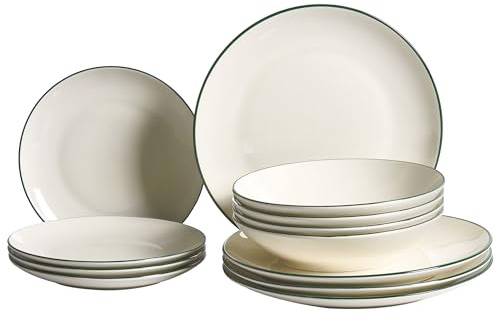Servizio da tavola da 12 pezzi in porcellana con finitura a smalto trasparente, bordo decorativo color bianco sporco e verde o