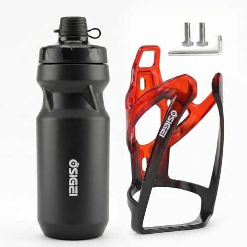 Bicycle Bottle Holder Set with 610 ml Water Bottle - Ultra Light, Carbon Look Sports Bottle, Suitable for MTB & Road Bike - Includes 2 Mounting Screws & Allen Key (Black, red and black)