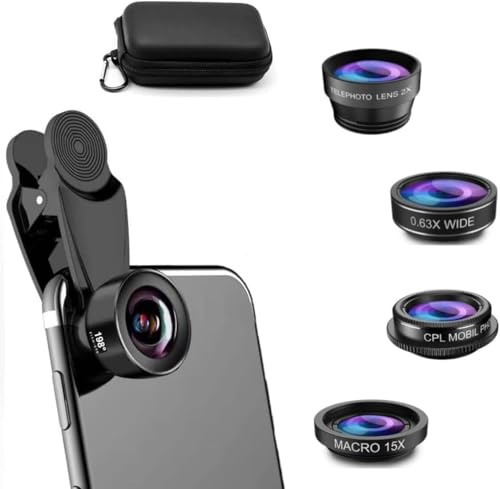 Bailonda Obiettivo per cellulare 5 in 1,lenti per smartphone,198°obiettivo fisheye,0.63X obiettivo grandangolare,CPL teleobiettivo per smartphone compatibile con iPhone e la maggior parte (nero)