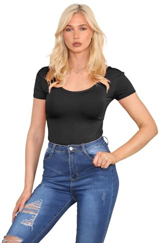 janisramone® Women s Bodysuits, Short Cap Sleeve Body Suit, Round Neck Bodysuits for Women UK, Stretch Leotard, Plunge Bodysuit, T-Shirt Top