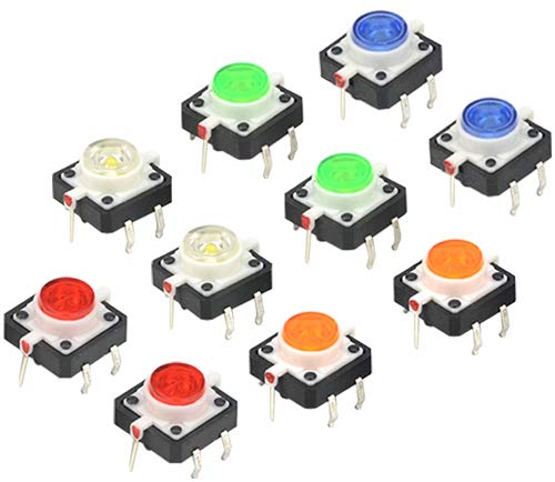 WMYCONGCONG 10 PCS Light Emitting Diodes Momentary Tactile Tact Push Button Switch 12 mm x 12 mm x 7 mm Red White Yellow Blue Green