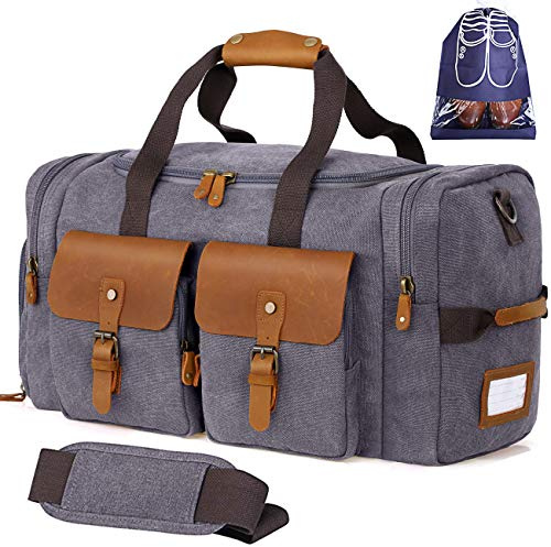 Flipzon Reisetasche für Herren und Damen, Segeltuch, echtes Leder, große Reisetasche mit wasserdichtem Schuhfach + Schulterriemen mit Polster, Sporttasche Reisetasche mit Etikett (grau)