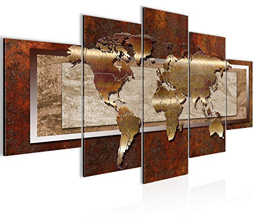 Runa Art Bild Büro Wohnzimmer Weltkarte 5 Teilig Abstrakt metall Braun Wandbilder auf Vlies Leinwand 106753a