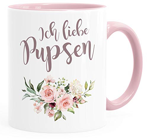 Ich liebe Pupsen Tasse Blumenkranz Rosen Tasse Kaffeetasse Teetasse Keramiktasse MoonWorks® rosa Keramik-Tasse