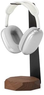 Oakywood 2-in-1 Wooden Headphone Stand with Wireless Charging - Wood Headphone Holder – Stainless-Steel Base – Handcrafted Headphones Stand for Desk - Qi-Compatible Wireless Charging – Walnut
