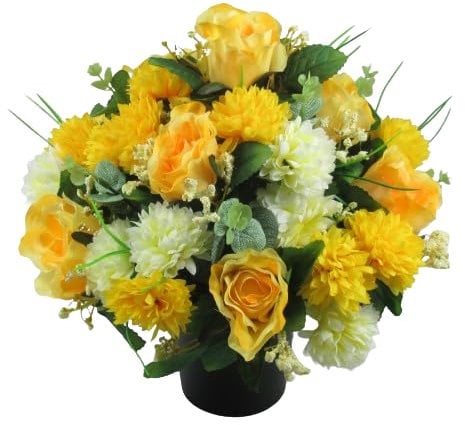 UK Handmade Artificial Grave Flowers for Cemetery Pot - Weather Resistant Faux Silk Memorial Arrangement with Yellow Roses & Chrysanthemums - 25cm Cemetary Decoration
