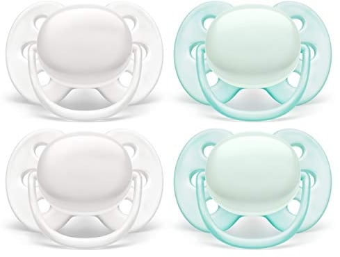 Philips AVENT Ultraweicher Schnuller, 0-6 Monate, Arctic White/Green, 4er-Pack, SCF214/40