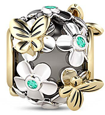 GNOCE Schmetterlings Liebe Blume Charms Kugel 925 Sterling Silber Gold Schmetterling überzogener mit Grüner Saphir Natur Thema Perle Passt Alle Armbänder/Halsketten für Sie