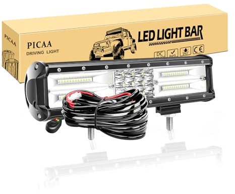 PICAA Fuoristrada Barra luminosa a LED 12 pollici 7D 6000K Con Cablaggio Tripla Fila 180w Spot Flood da Lavoro a LED Led Luci di Lavoro a Led per FUORI STRADA Moto 4WD SUV ATV UTV Camion