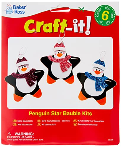 Baker Ross Penguin Star Bauble Kits – Pack of 6, Make Your Own Christmas Bauble Decoration, Christmas Decoration Craft Kit (FE836)