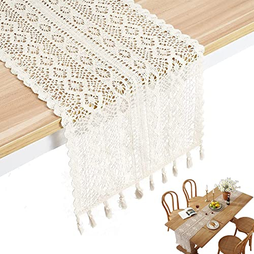 Boho Tischläufer Hohle Mesh Tischdecke Spitze Tischdecke Handarbeit Aushöhlen Tischdecke 100% Baumwolle Vintage Spitzeauflage Boho Hochzeit Tisch Dekor